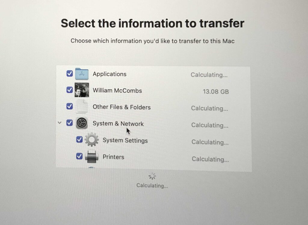 Select the information to transfer time machine